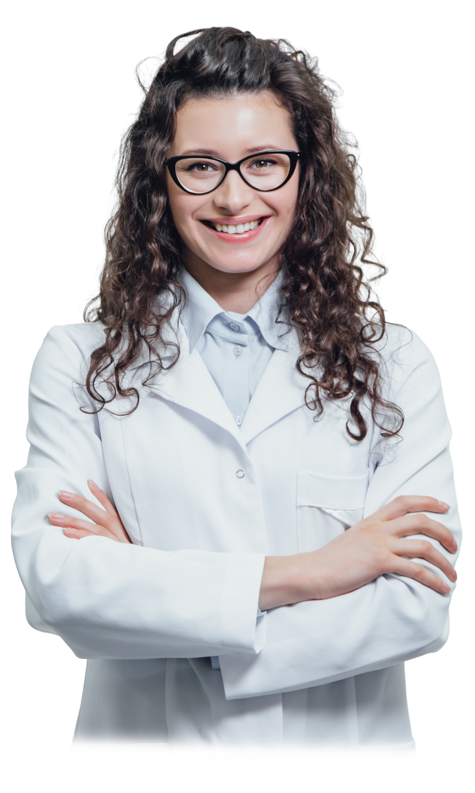 portrait-smiling-young-female-doctor-beautiful-brunette-white-medical-gown-glasses-holding-without-stethoscope-gray-background